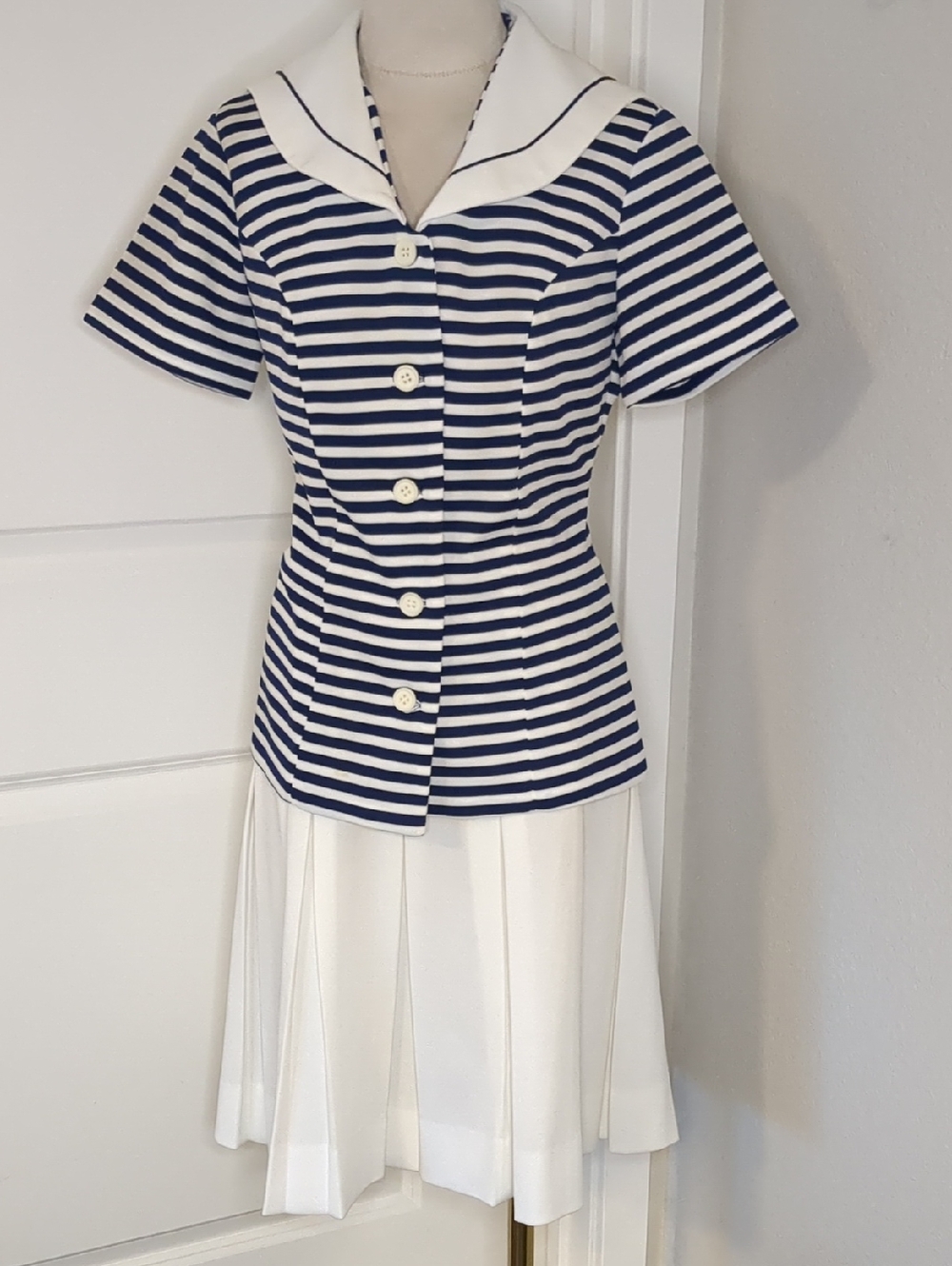 Vintage 60s Dyanne Dallas Nautical Skirt Set Sailor Collar Pleated Skirt SZ Med